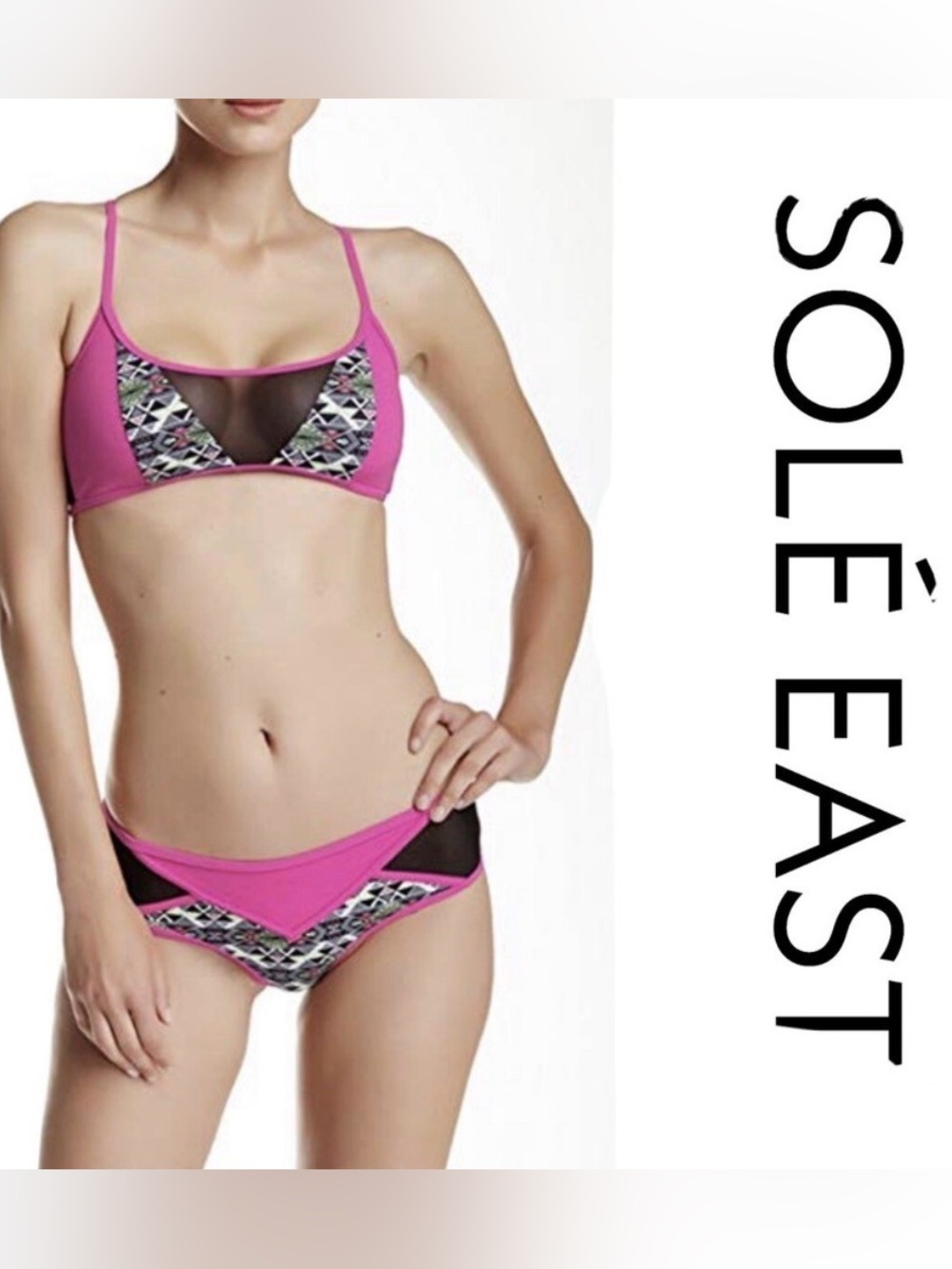 NWT Sole East Swim Bikini Top Sz S Orchidbomb Sairee Pink and Black Swimsuit